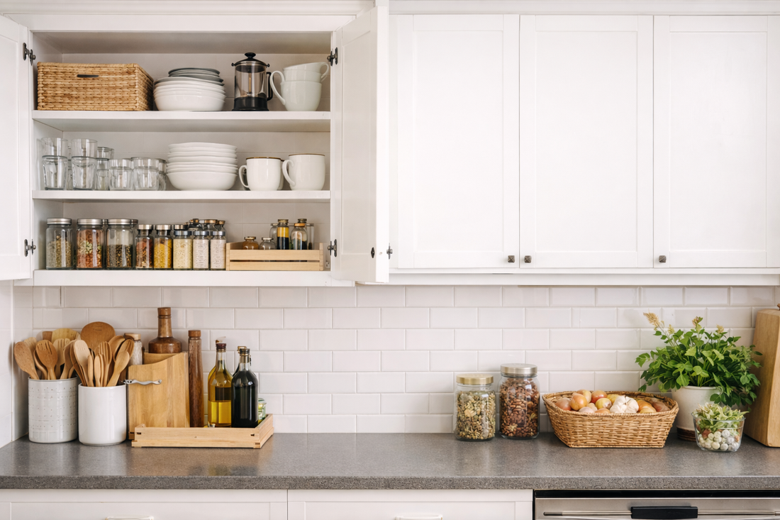 Neatly organized small apartment kitchen cabinets with stacked dishes, spice jars, baskets, and space-saving storage solutions in a modern kitchen setting