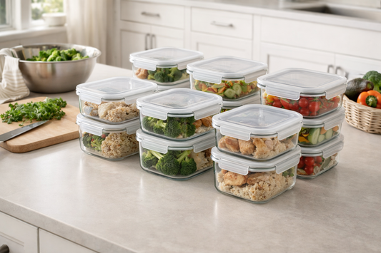 Organized family meal prep setup with stackable glass food storage containers filled with prepared meals and fresh ingredients on a bright kitchen countertop.