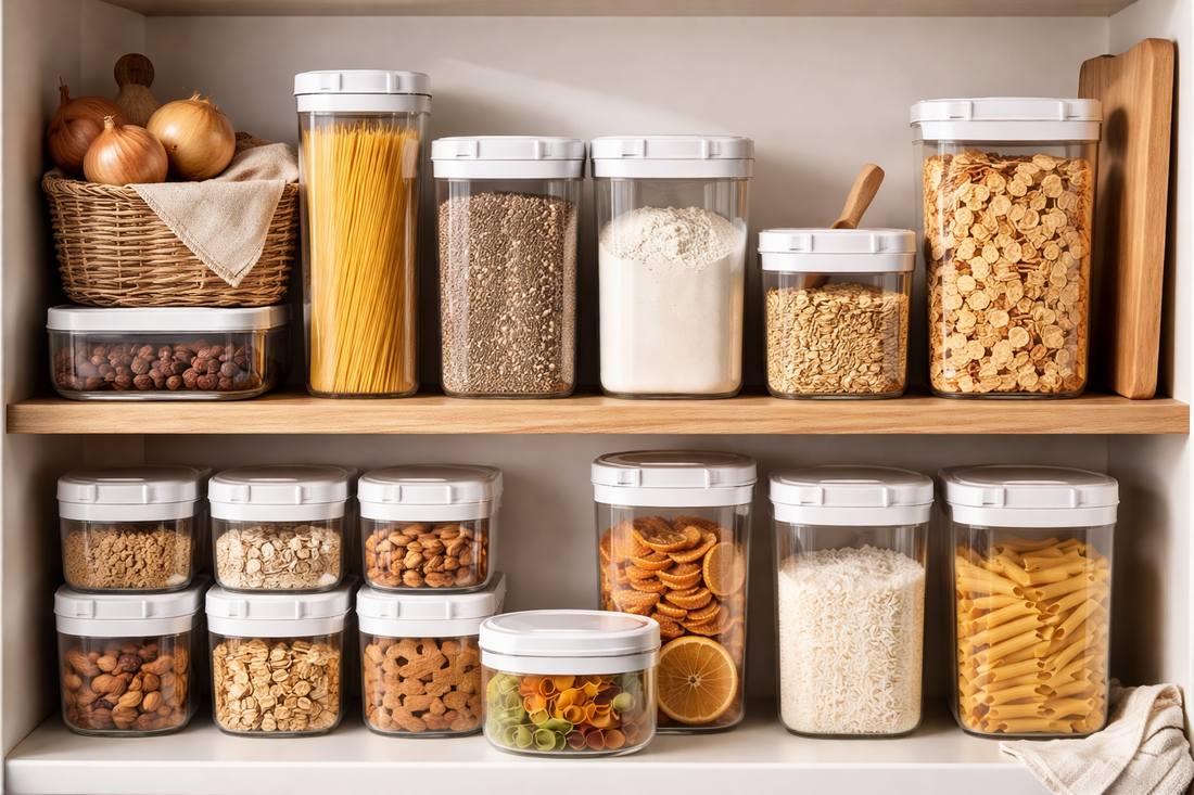 A neatly organized pantry shelf featuring clear airtight food storage containers filled with pasta, rice, oats, cereal, and dry goods in a small kitchen.