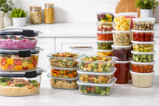 Assorted leak-proof food storage containers arranged on a kitchen counter for family meal prep, including plastic, glass, and mixed-size containers filled with fresh prepared meals.