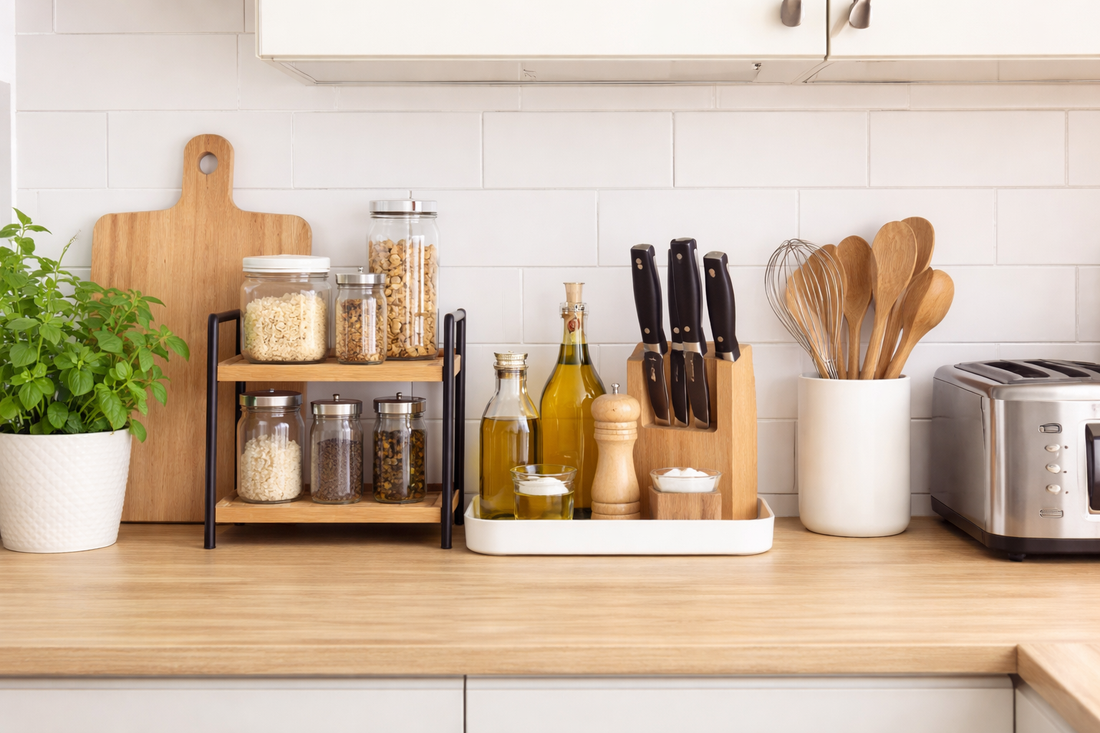 Organized small kitchen countertop featuring tiered storage shelves, spice jars, utensil holders, and neatly arranged cooking essentials to reduce clutter.