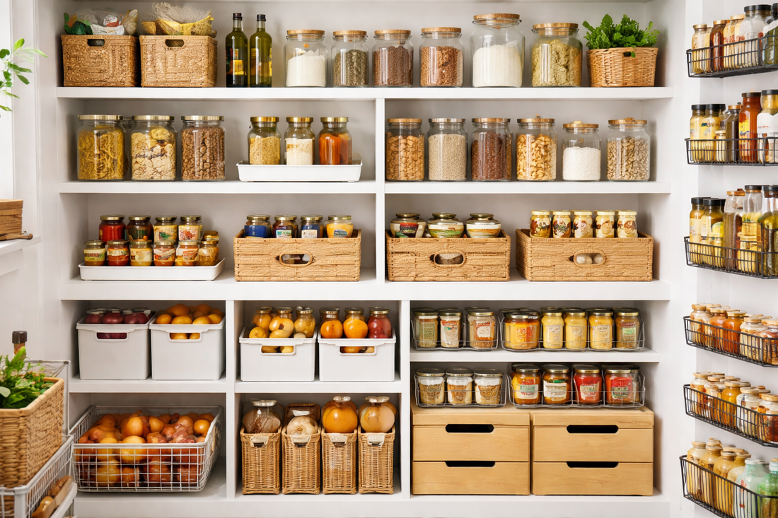 Zoomed-in view of a neatly organized pantry shelf with labeled storage jars, baskets, and containers arranged to maximize small kitchen storage space.