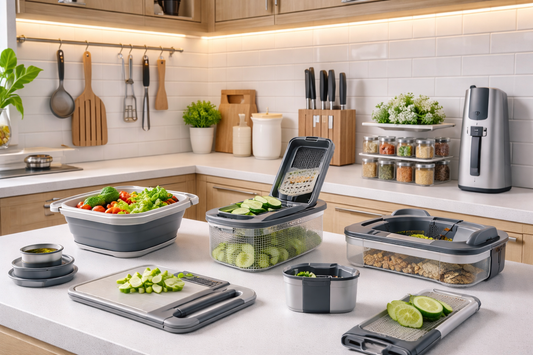space-saving kitchen gadgets including collapsible containers and compact food prep tools displayed on a modern kitchen countertop