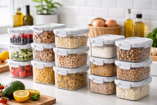 Stackable airtight food storage containers neatly arranged on a kitchen counter, filled with grains, pasta, and dry foods for small kitchen organization.