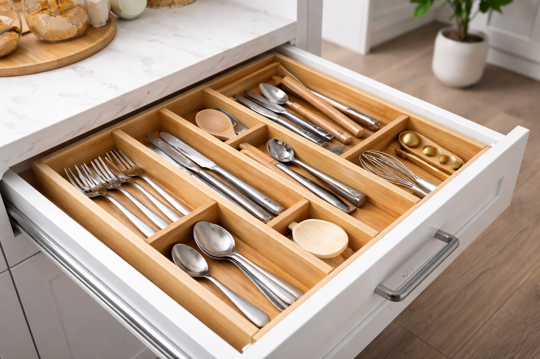 Expandable bamboo drawer organizer neatly arranging utensils and cutlery inside a modern small kitchen drawer.