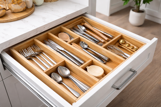 Expandable bamboo drawer organizer neatly arranging utensils and cutlery inside a modern small kitchen drawer.
