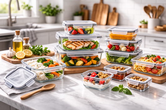 Airtight glass food storage containers neatly stacked on a bright kitchen countertop, filled with fresh salads, grilled chicken, rice, vegetables, and fruit in a clean, modern kitchen setting.