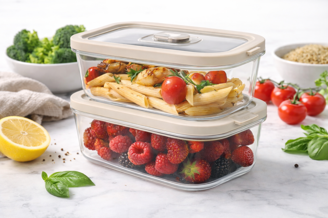 Non-toxic borosilicate glass food storage containers with push-button vacuum seal lids, stackable 2-pack meal prep set.