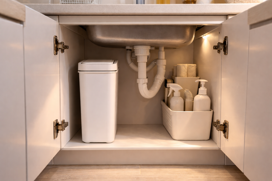 Slim white rectangular trash can placed neatly under a small kitchen sink cabinet beside organized cleaning supplies and exposed plumbing in a compact apartment layout.
