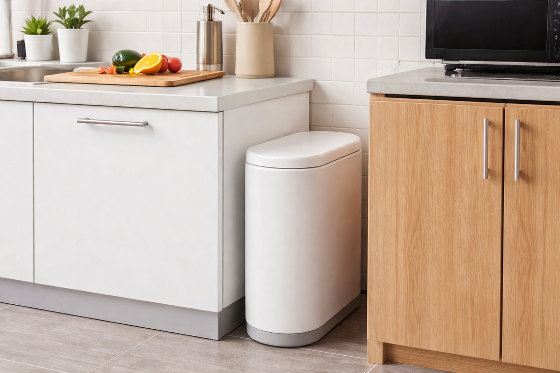 Slim 12-liter white kitchen trash can placed between compact cabinets in a small apartment kitchen, with a clean countertop and fresh vegetables on a cutting board, highlighting a space-saving and odor-control solution.