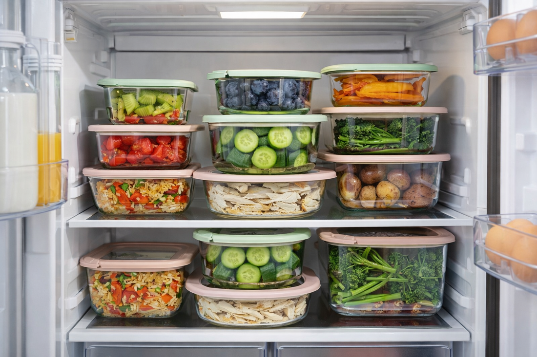 Organized refrigerator with glass food containers storing prepared meals and fresh ingredients