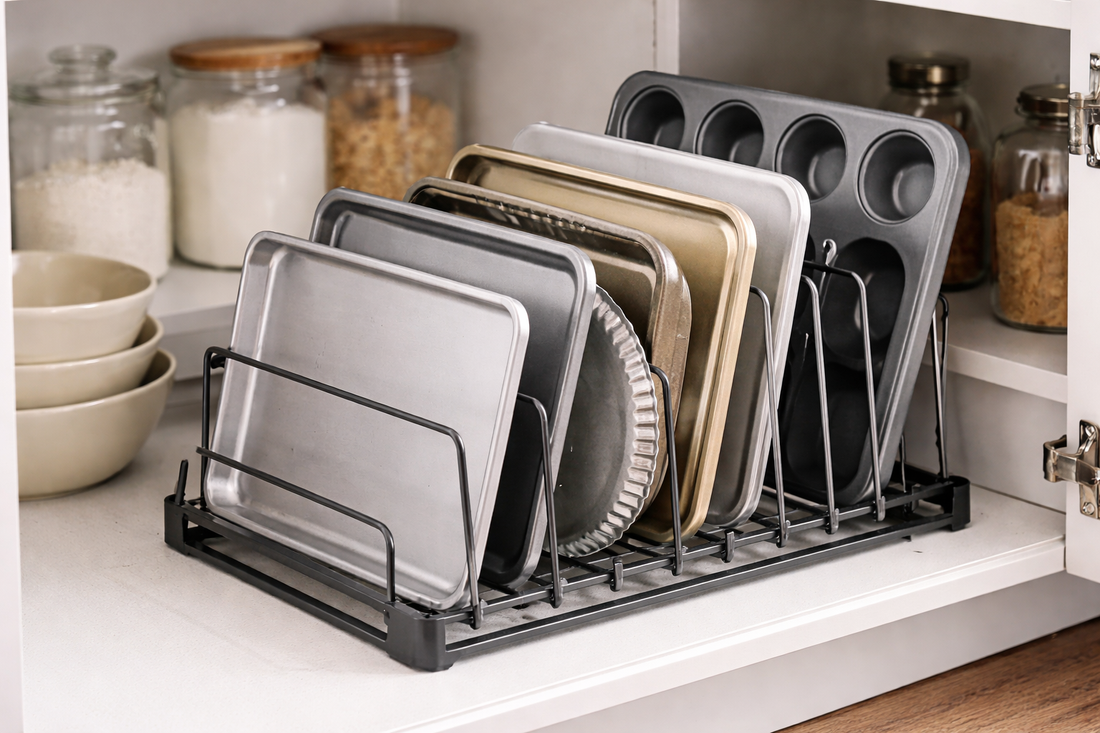 bakeware storage rack organizer holding baking sheets and muffin pans in a small kitchen cabinet