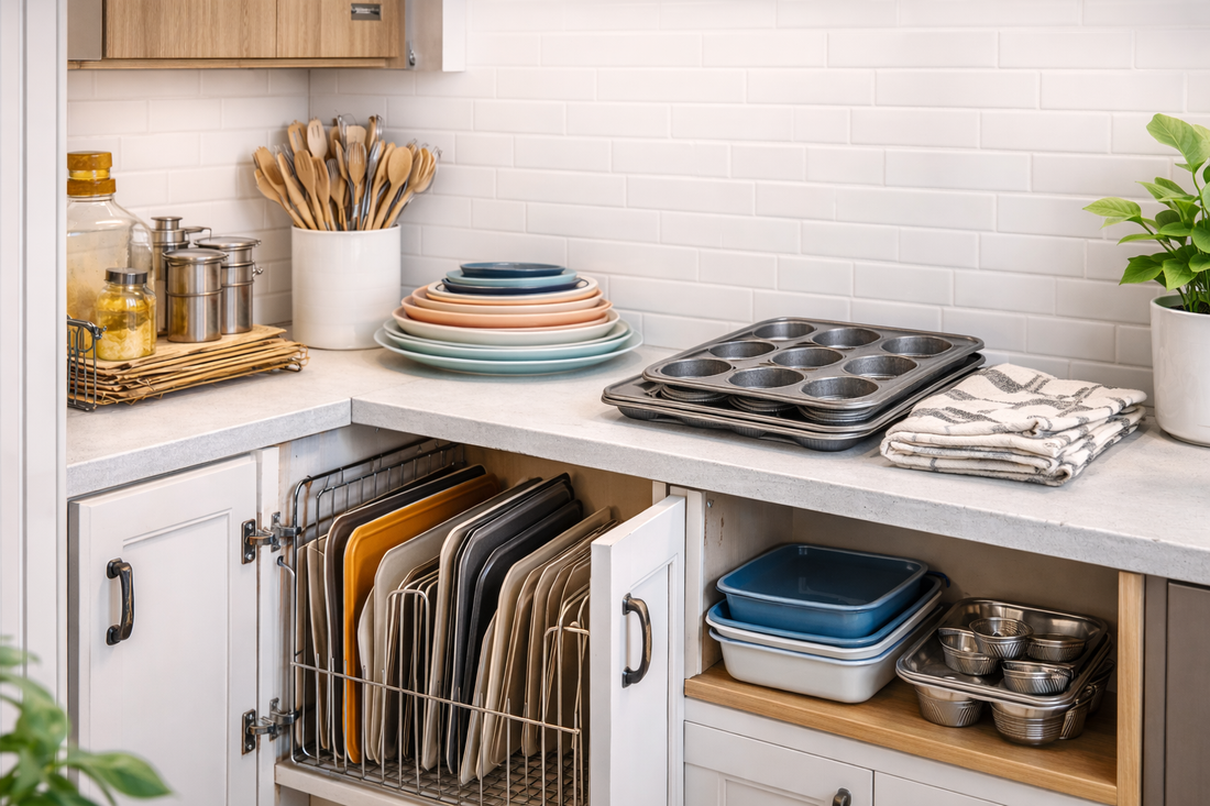 bakeware storage in a small kitchen cabinet with baking trays and muffin pans