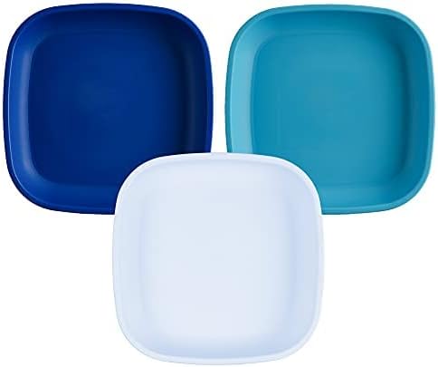 Re-Play Toddler Plates - 22 Oz. Deep-Walled Flat Kids Plates - Dishwasher & Microwave Safe - Made in USA - Set of 3-7.37" x 7.37" x 1.25" - Bluesy