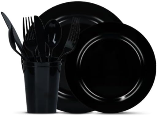 Black Plastic Plates Party Supplies - 150 PCS Reusable Disposable Neon Sets of 25 Dinner, 25 Salad or Dessert, 25 Forks, 25 Spoons, 25 Knives, 25 Cups
