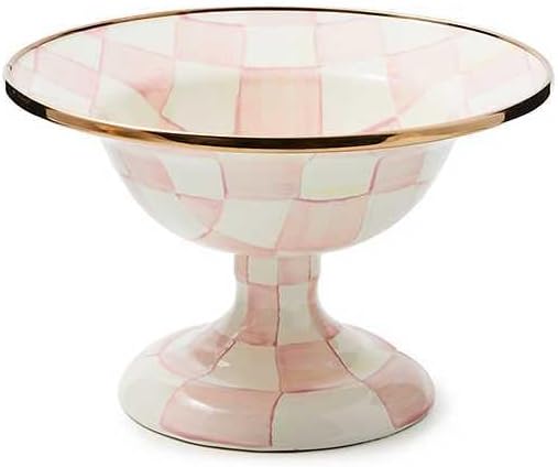 MACKENZIE-CHILDS Enamel Compote, Cute Enamel Pedestal Serving Dish or Decorative Bowl, Small, Pink-and-White Rosy Check