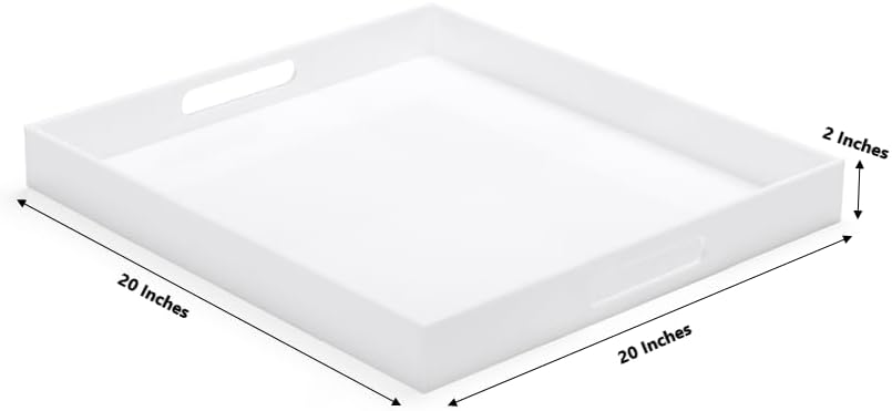 White Modern Acrylic Ottoman Tray with Cutout Handles 20x20 Inch Over-Sized Serving Tray Organizer Rubber Boot Tray Decorative for Living Room Bedroom,Bathroom and Entryway Kitchen