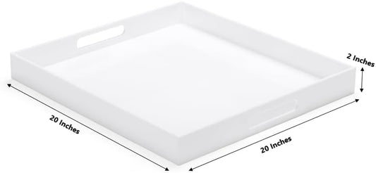 White Modern Acrylic Ottoman Tray with Cutout Handles 20x20 Inch Over-Sized Serving Tray Organizer Rubber Boot Tray Decorative for Living Room Bedroom,Bathroom and Entryway Kitchen