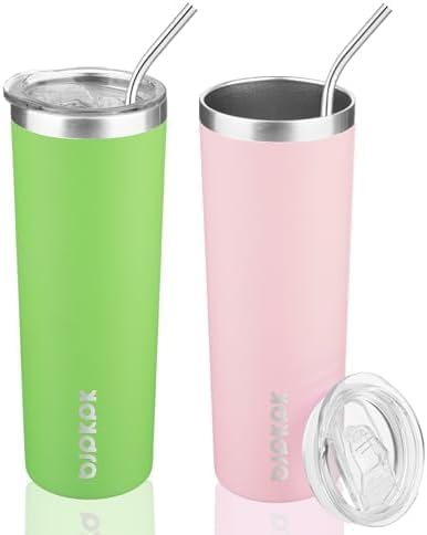 BJPKPK 20 oz Skinny Tumbler with Lid Slim Insulated Travel Coffee Cup Stainless Steel Thermal Mug,Green,Light Pink (Pack of 24)