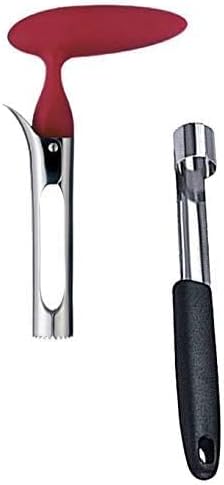 Apple Corer Lever Tool + Pear Pepper Poker Pusher by BRIGHT KITCHEN Stainless Steel Pear Fruit Seed Remover Cherry Red Grip with Serrated Blade