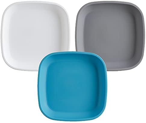 Re-Play Toddler Plates - 22 Oz. Deep-Walled Flat Kids Plates - Dishwasher & Microwave Safe - Made in USA - Set of 3-7.37" x 7.37" x 1.25" - Modern Blue