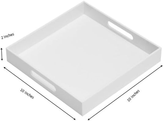 Glossy White Sturdy Acrylic Serving Tray with Handles-10x10Inch-Serving Coffee,Appetizer,Breakfast,Butler-Kitchen Countertop-Makeup Drawer Organizer-Vanity Table,Ottoman Tray-Decorative Tray