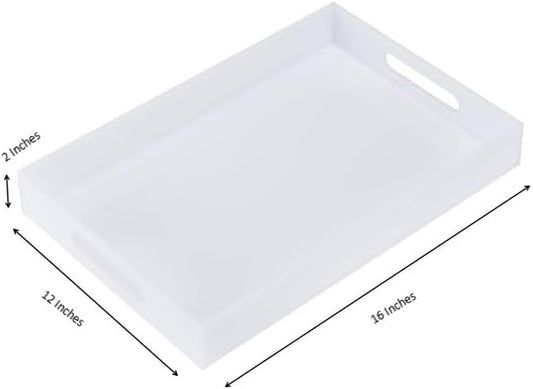 Glossy White Acrylic Serving Tray, 12x16Inch, Sturdy Kitchen Countertop Organizer, Decorative Vanity Table Tray, Ottoman Tray, 3/16 inch Thickness