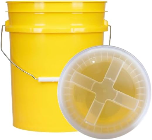 House Naturals 5 Gallon Plastic Yellow Food Grade BPA Free Made in USA Bucket Pail with Air Tight Double Gasket Screw on Lid(Pack of 3) (Yellow and Clear lids)