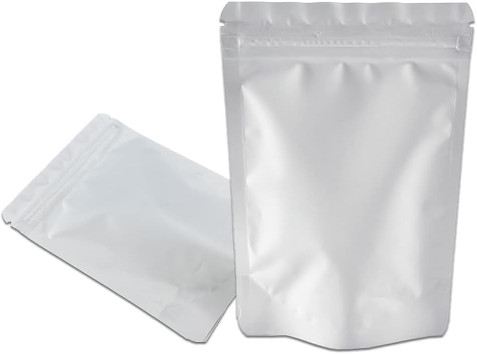 PABCK 50 Pieces 4.3x6.3 inch(Inside Size 3.5x3.9 inch) Stand-Up Resealable Heat Seal Bags 3.55mil Thick Frosted White Foil Sealed Bags for Zip Packaging Lock Food Storage Pouch
