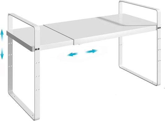 Redrubbit Expandable Cabinet Shelf Organizers, Stackable Kitchen Counter Shelves Spice Rack for Kitchen Bathroom Pantry Cupboard Desk Home Office, Metal Plate Heavy Duty Nonslip, White