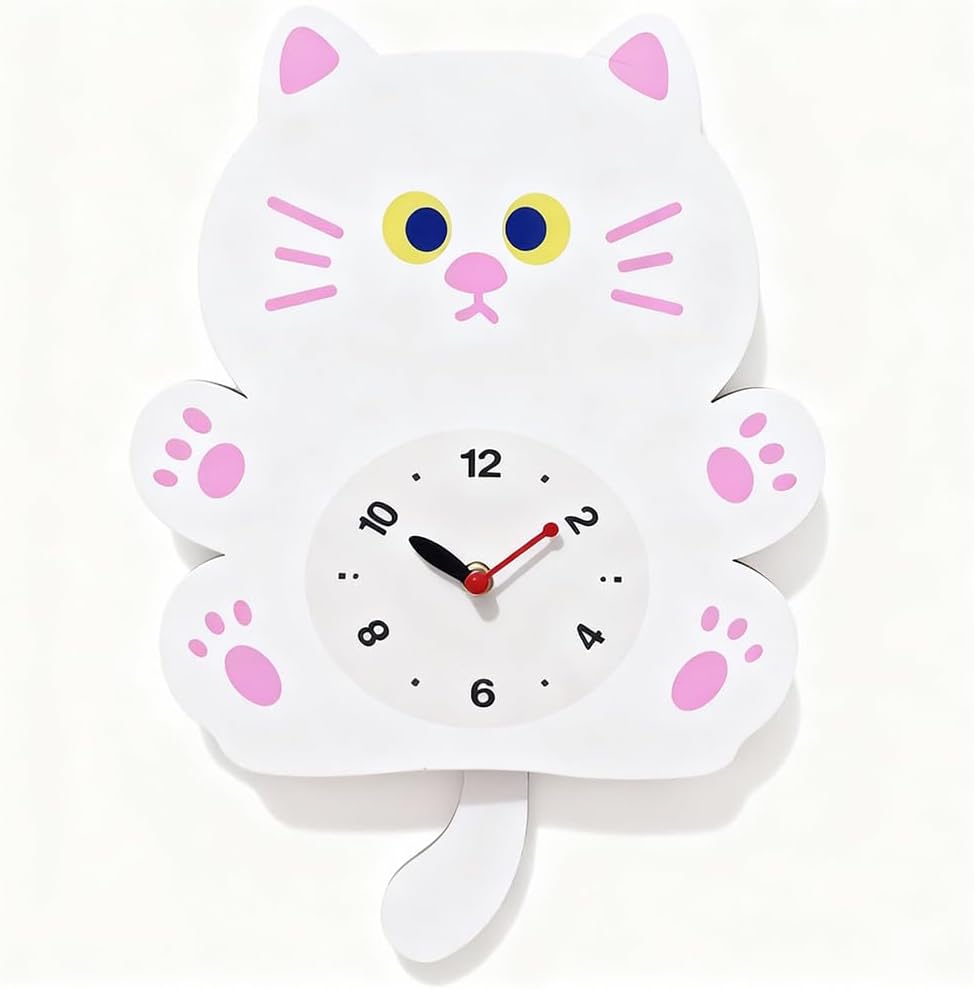 FASHION in THE CITY Adorable Cat Themed Swing Wall Clock - Silent Non-Ticking Pendulum Clock, Easy to Read Analog Clock for Cat Lovers, Nursery, Kitchen, Cute Home Decor Gift (YBZ001-White)