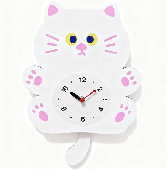 FASHION in THE CITY Adorable Cat Themed Swing Wall Clock - Silent Non-Ticking Pendulum Clock, Easy to Read Analog Clock for Cat Lovers, Nursery, Kitchen, Cute Home Decor Gift (YBZ001-White)