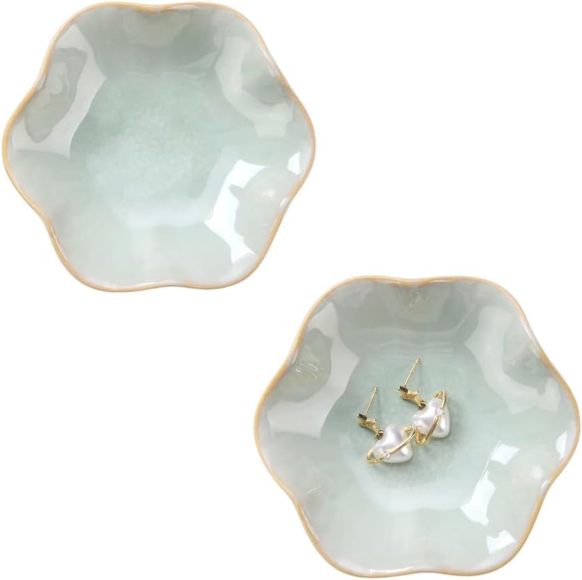 2PCS Lotus Leaf Shape Ring Holder Dish, Small Key Bowl, Ceramic Trinket Tray Jewelry Dish Organizing Necklace Earrings for Mom Friend Sister, All Jewelries Are NOT Included, Light Green.…