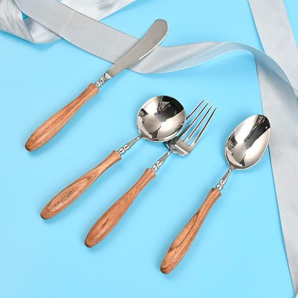Stainless Steel Satin Finish Dinner Spoons with Wood Handle, 7.68-Inch Dessert Spoon Set, Mirror Polished Silverware Flatware Spoons Set of 4, Use for Home Kitchen Restaurant Camping Travel