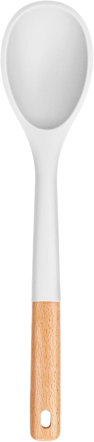 Large Silicone Cooking Spoons, Nonstick Solid Wooden Handle Spoon, Heat Resistan Silicone Kitchen Spoons for Cooking, Serving, Basting, Mixing, 13.2inch (WHITE)
