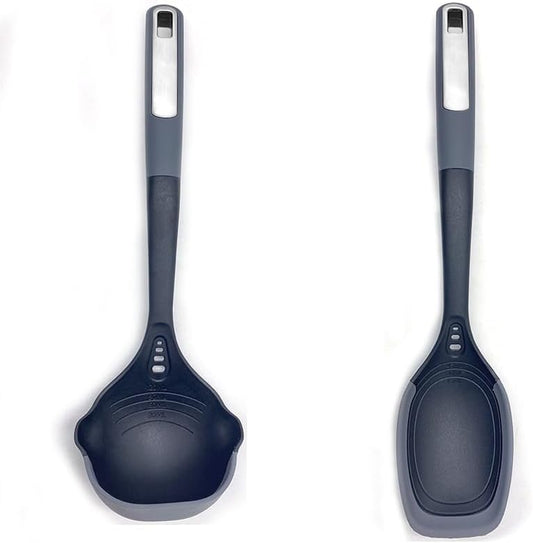 Flexible & Sturdy Kitchen Ladle Spoon Set for Nonstick Pots n Pans | Heat-Resistant Soup Ladle Canning Serving Spoons with Measurement Marks | Dishwasher Safe Cooking Utensil Tools