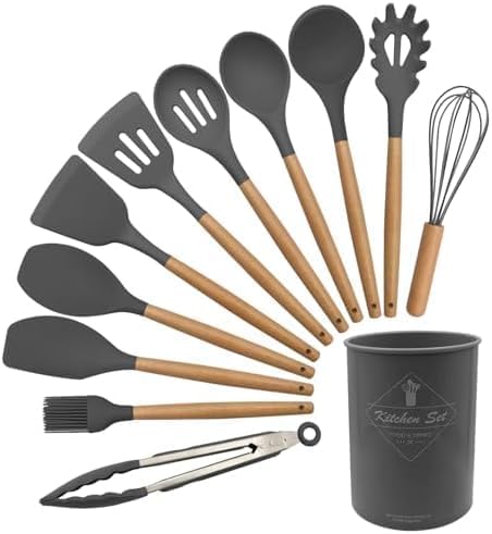 Kitchen Silicone Utensils Set of 12, kitchen spoons and Spatulas, cooking utensils, Non-stick Cookware Friendly Heat Resistant, Includes Spatula Tong Whisk Ladle Brush Slotted Turner Spoon(Gray)