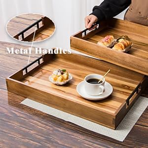2PCS Large Wooden Ottoman Tray Rectangle Trays for Big Ottoman Counter Huge Kitchen Wood Serving Trays with Handles, Decorative Tray for Living Room Premium Acacia Wood Tray(20.1'' + 18.1'')
