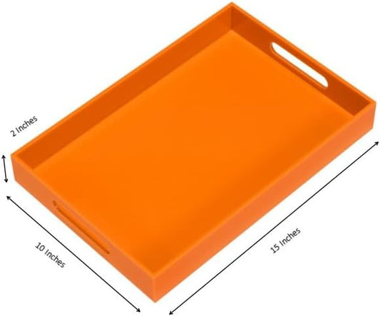 Orange Sturdy Acrylic Serving Tray with Handles-10x15Inch-Serving Coffee,Food,Breakfast,Butler-Kitchen Countertop Tray-Makeup Drawer Organizer-Vanity Table,Ottoman Tray-Decorative Tray
