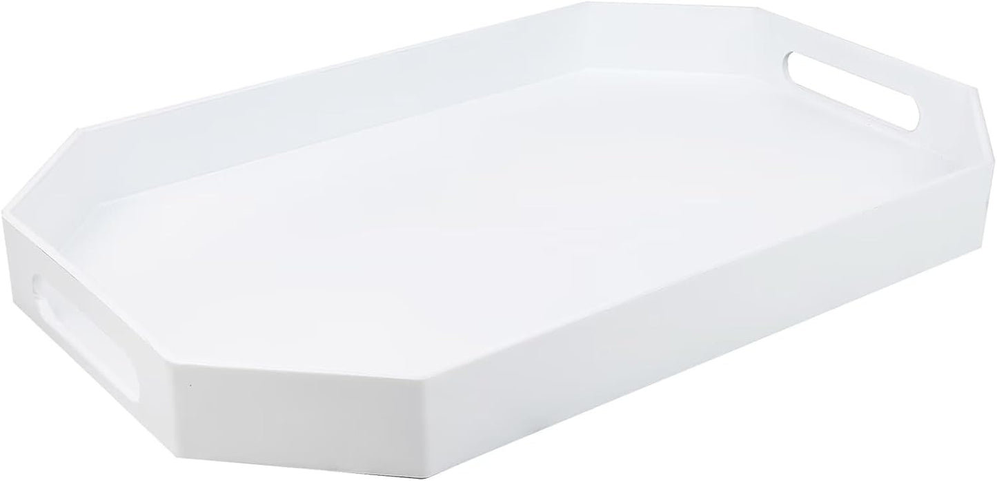 White Octagonal Serving Tray with Handles for Coffee Table, Plastic Decorative Tray for Ottoman, Kitchen Counter, Living Room, Outdoor Lacquer Tray for Entertaining