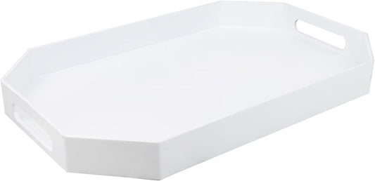 White Octagonal Serving Tray with Handles for Coffee Table, Plastic Decorative Tray for Ottoman, Kitchen Counter, Living Room, Outdoor Lacquer Tray for Entertaining