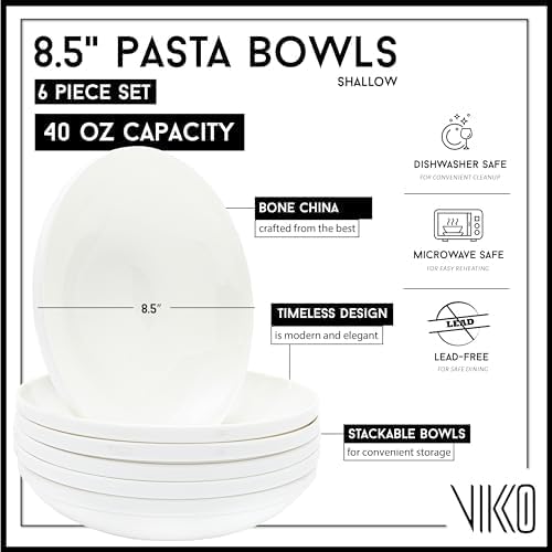 Vikko Pasta Bowls, 8.5 Inch Salad Bowls, White Soup Bowls, Fine Bone China Pasta Bowls, Set of 6, Microwave and Dishwasher Safe