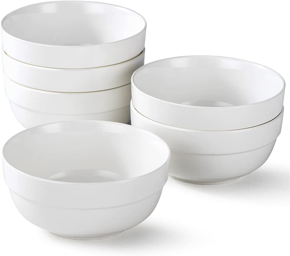 HAPPY KIT 6inch Ceramic Soup Bowls, Cereal Bowl Set of 6, 24OZ for Kitchen, Cereal Soup Rice Pasta Salad Oatmeal, Thick-edge Non-slip Design