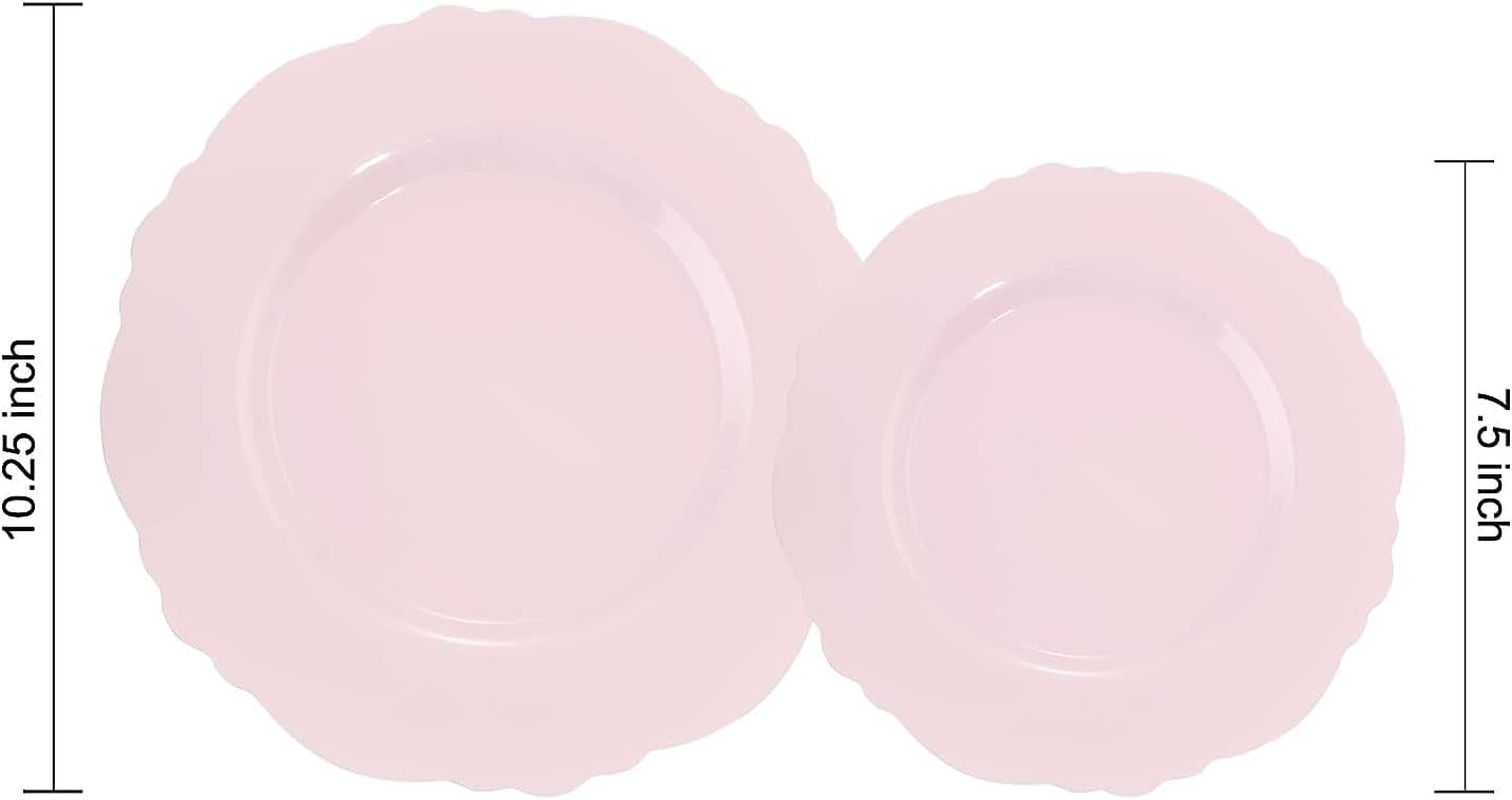 WDF 60pcs Pink Plastic Plates - Baroque Pink Disposable Plates Including 30 Dinner Plates 10.25inch, 30 Dessert Plates 7.5inch for Upscale Wedding &Parties