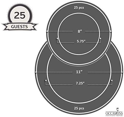 " OCCASIONS " 50 Plates Pack (25 Guests)-Extra Heavyweight Vintage Wedding Disposable/Reusable Plastic Plates -25 x 11'' Dinner + 25 x 8.25'' Salad/dessert (Chateau Collection Ivory)