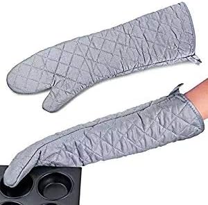 Extra Long Oven Mitts Heat Resistant Cotton Lining Oven Thick Gloves Kitchen Food Service Mittens for Pot Holders Cooking Baking BBQ (24 Inch Silver -1pair)