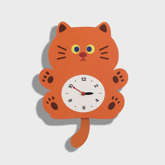 Cute Cat Swing Wall Clock with Wagging Tail - Adorable Cartoon Animal Design, Silent Non-Ticking Pendulum Clock for Kids Room, Nursery, Home Decor, for Cat Lovers (YBZ001-Brown)