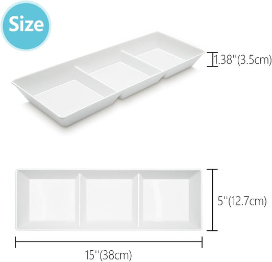 Divided Serving Tray Platter, 3 Pack 15" x 5" Fruit Veggie Food Tray for Party, Plastic Serving Trays for Appetizer, Snack, Dessert, Cookie, Brunch Decorations Platters, White Trays BPA-Free