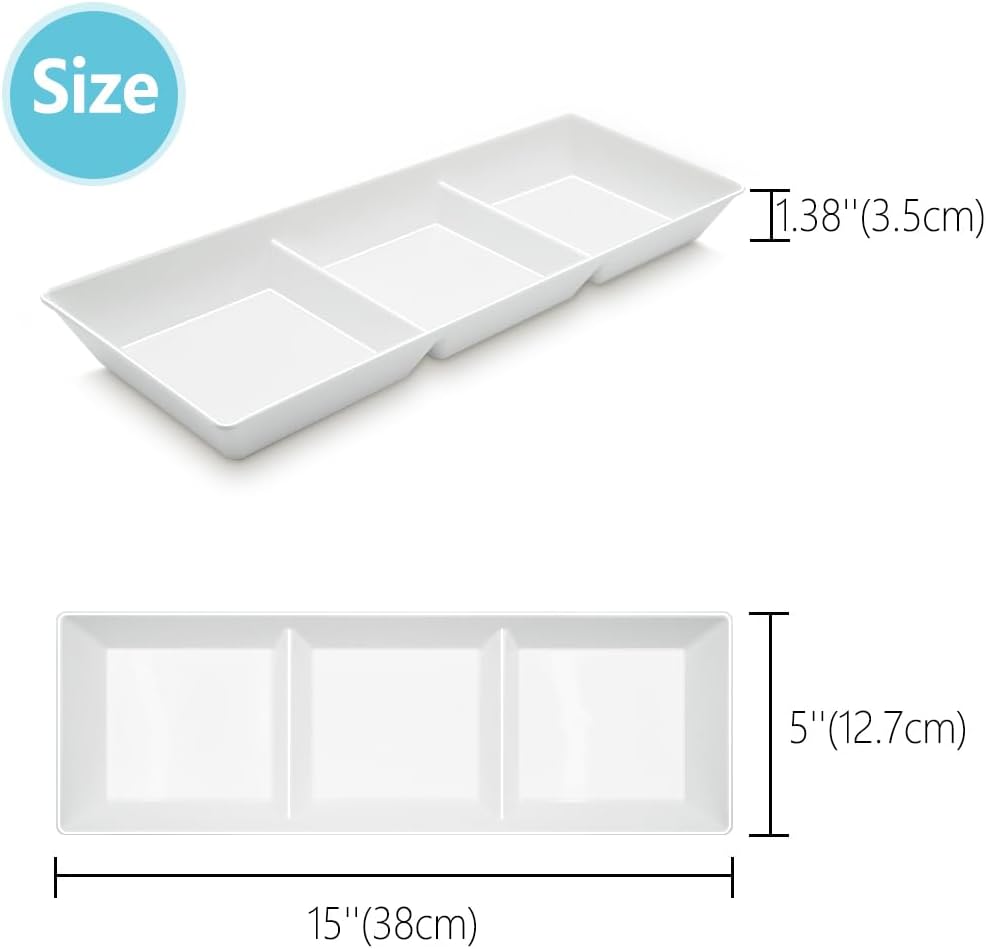 Divided Serving Tray Platter, 6 Pack 15" x 5" Fruit Veggie Food Tray for Party, Plastic Serving Trays for Appetizer, Snack, Dessert, Cookie, Brunch Decorations Platters, White Trays BPA-Free