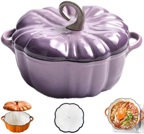 Enameled Cast Iron Pumpkin Dutch Ovens, Pumpkin Dutch Oven with Lid Covered Stockpot, 4-Quart Enameled Cast Iron Pot, Holds 2-3 Servings, Non-Stick, for All Stovetops (Purple Set B, L 7.9in)